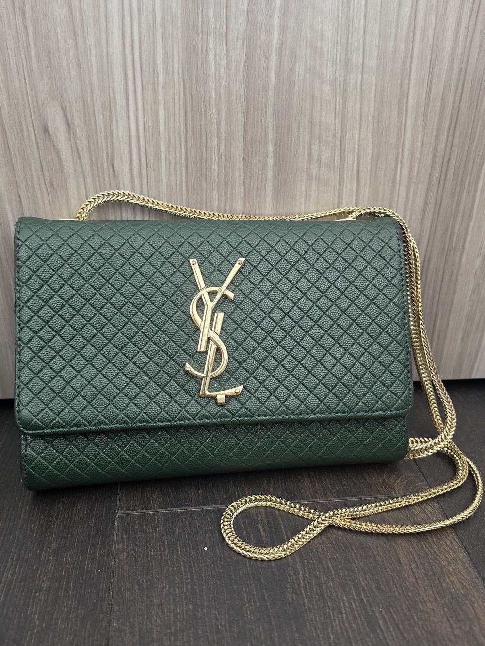 YSL - Saint Laurent Forest Green Quilted Leather Shoulder Bag with Gold Chain